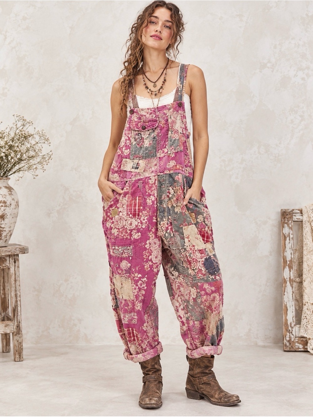 Magnolia Pearl Pink Patchwork Floral Overalls :OS
